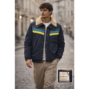 Designer Energie Jacket Men’s L Shearling Insulated Y2K Retro Stripe Italy Navy